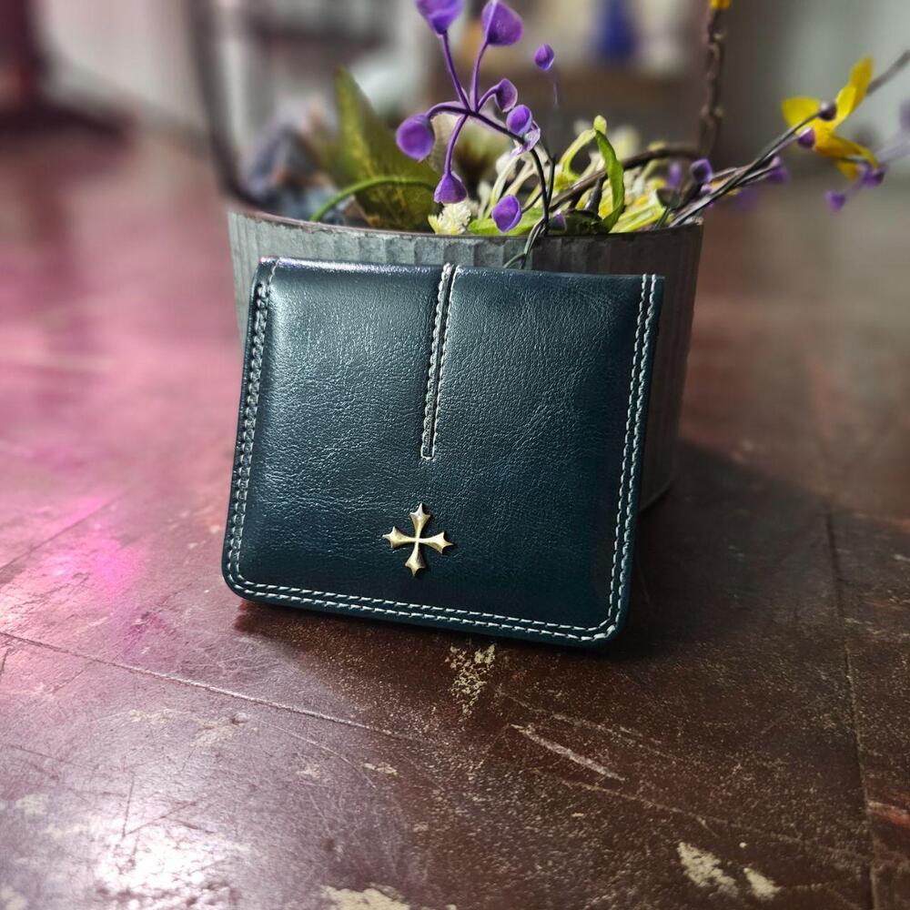 Bifold Wallet y2k Zip Coin Pocket Vegan Leather Teal Blue (4 in) ✨